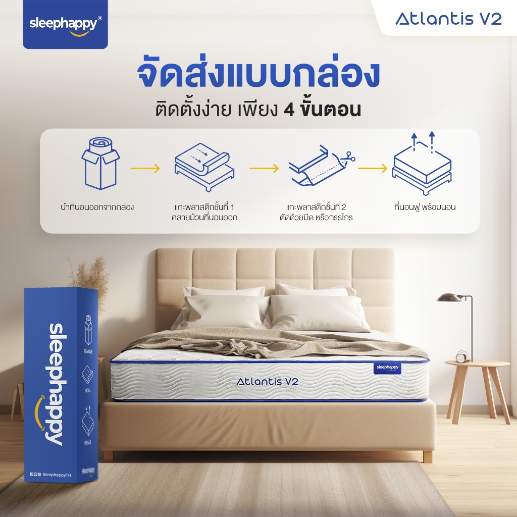 SleepHappy รุ่น Atlantis V2 ชุดหัวเตียง ฐานเตียง และที่นอนพ็อกเก็ตสปริง 10 นิ้ว เสริมยางพาราธรรมชาติ มอบการพักผ่อนระดับโรงแรม