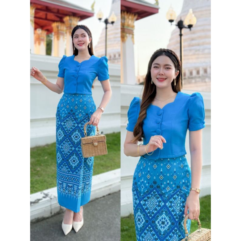 ชุดผ้าไทยเซต2ชิ้นผ้าฝ้ายอัดกาว ใส่สบาย ผ้าถุงสำเร็จซิบข้าง เสื้อหน้าต่อกระดุม มุมมองที่ 4