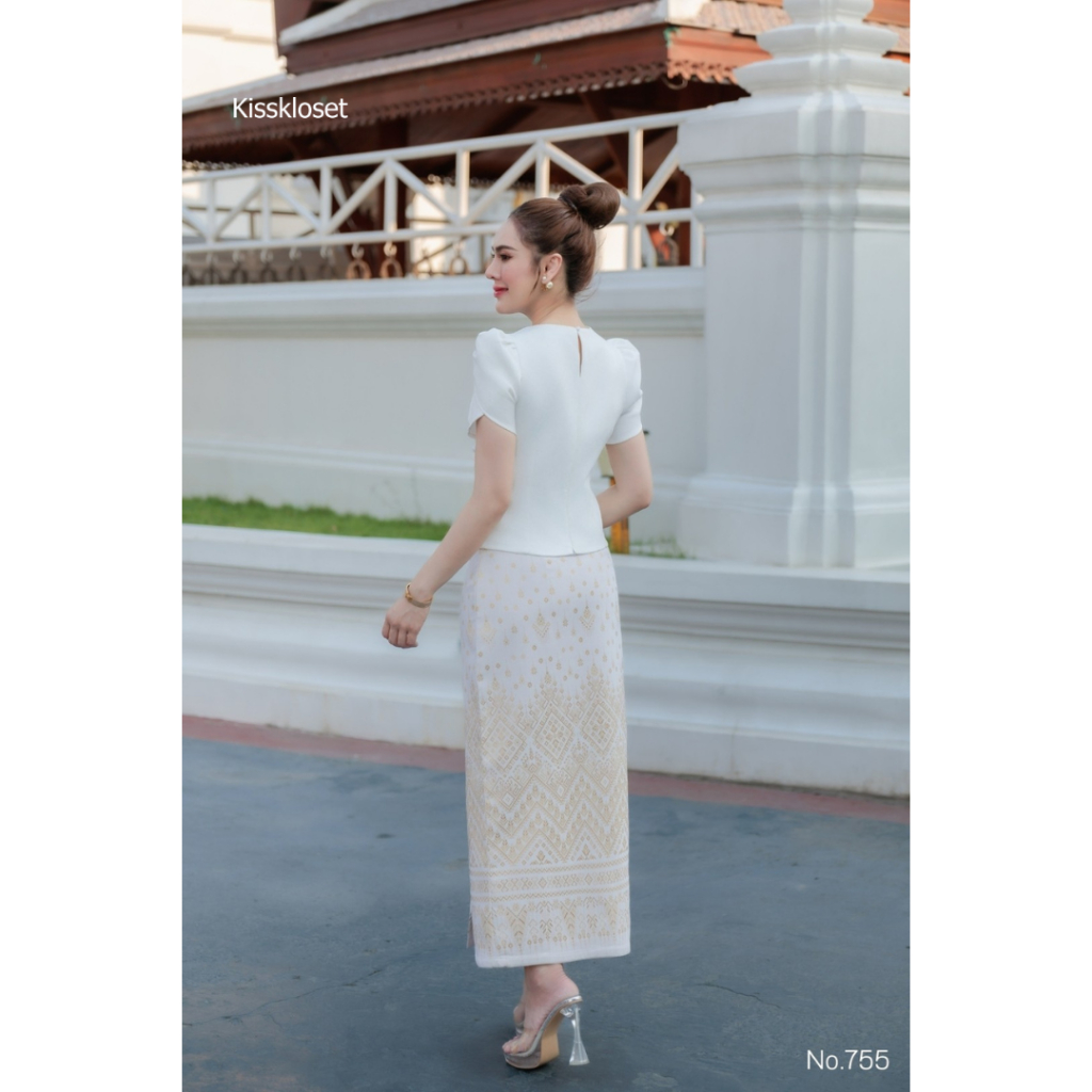 KS755 เซตทำบุญสุดหรู! เสื้อไหมญี่ปุ่นแขนกลีบบัว+กระโปรงลายเทียนหยด ไซส์ S-3XL มุมมองที่ 4