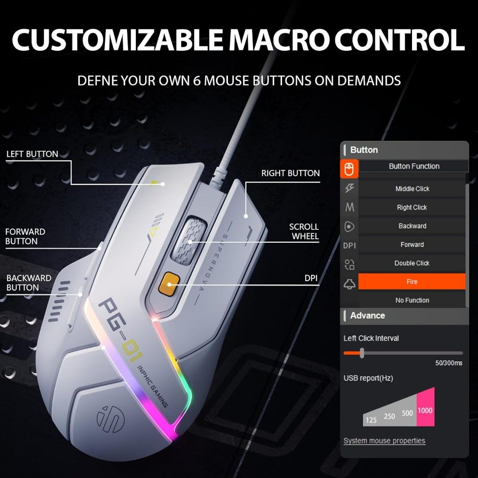 inphic PG1 Gaming Mouse เกมมิ่งเมาส์สีขาวมินิมอล เมาส์มาโครมีสาย 12800 ...