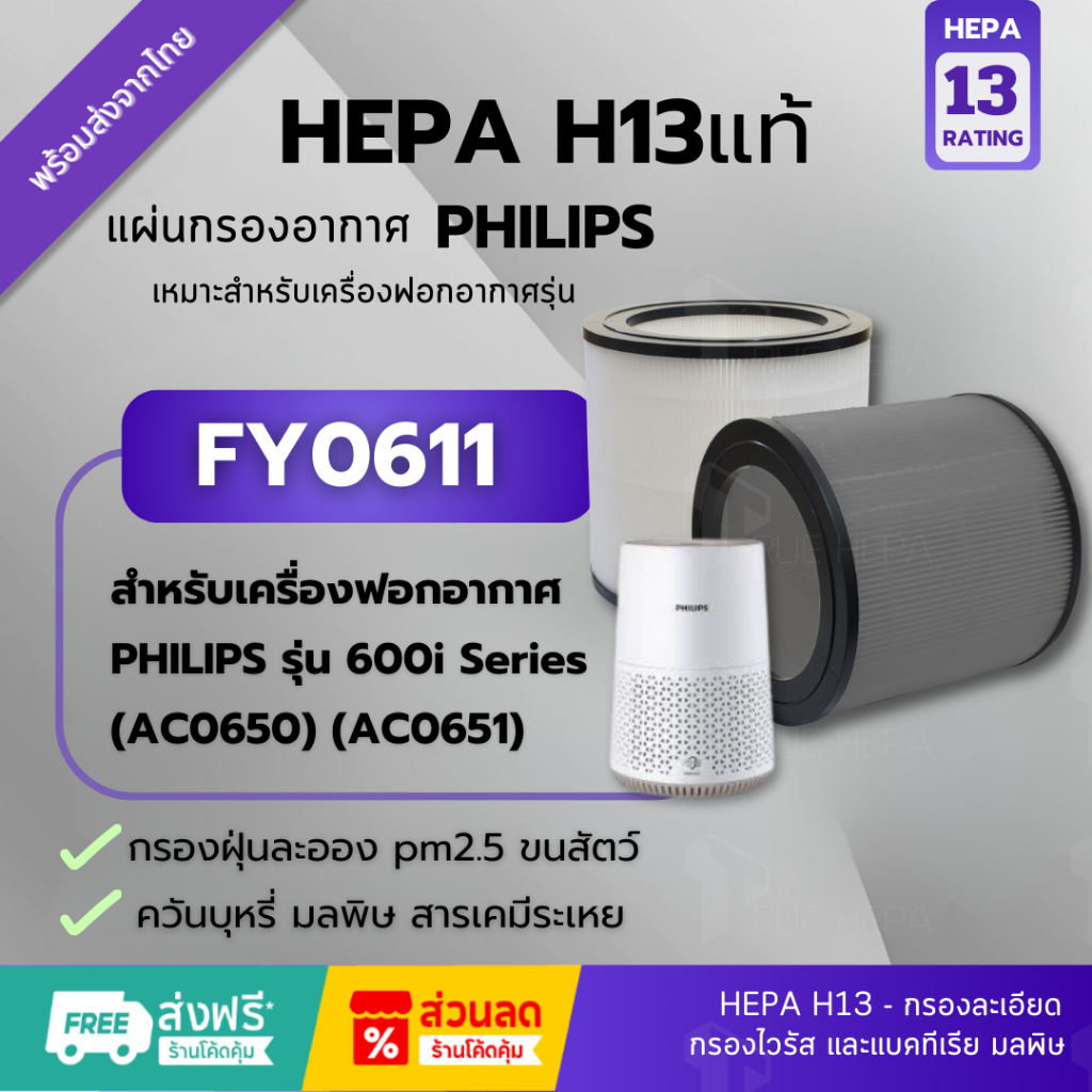 ไส้กรองอากาศ Philips AC0650 Hepa H13แท้ เครื่องฟอกอากาศ Philips FY0611 ...