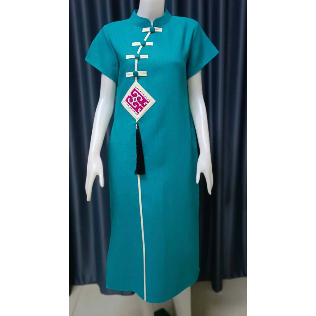 เดรสผ้าใยกัญชง สีเขียวนกแก้ว ทรงกี่เพ้า (Size 38,40,42,44) | Shopee ...