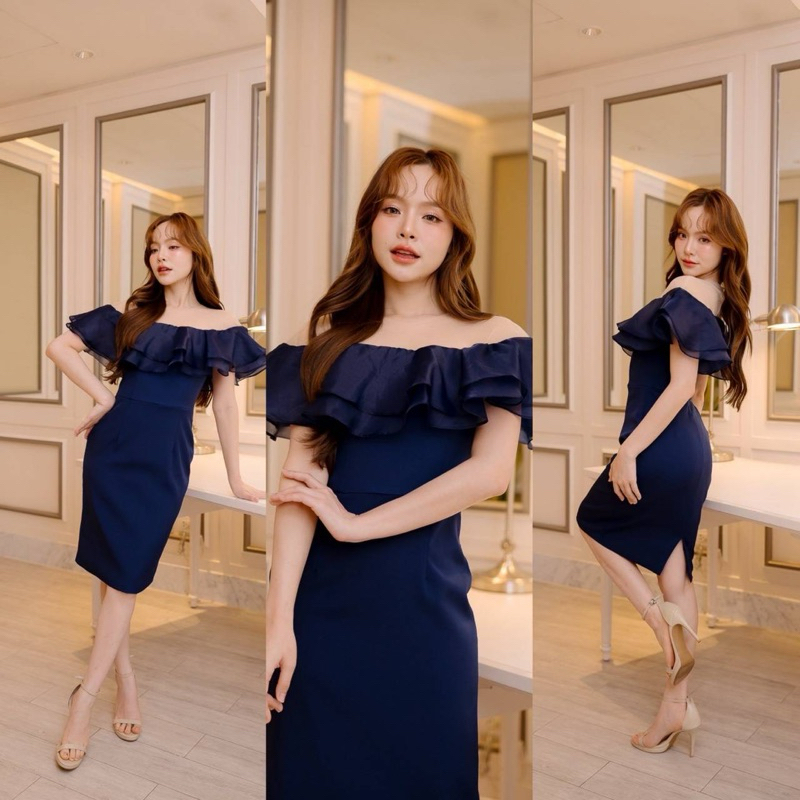 ✨เดรสสั้นคอตาข่ายพรีเมี่ยม แต่งผ้าแก้ว หรูหรา ไซส์ S-3XL เก็บปลายทาง มุมมองที่ 5