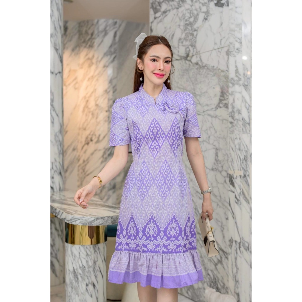ชุดผ้าไทยโทนม่วงหรู ใส่สบายทุกไซส์ 36-52 พร้อมเชือกรัดเอว มุมมองที่ 2