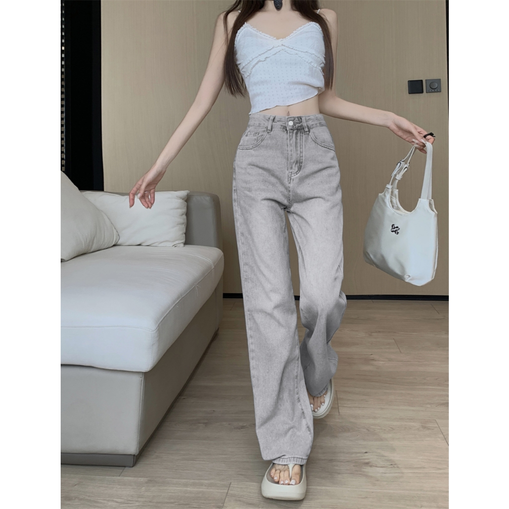 กางเกงยีนส์ กางเกงกระบอก เอวสูง ผ้ายืดได้ งานปักลายโบว์ #1501218 - 4