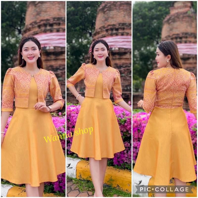 เดรสผ้าไทยลายกั๊กแขนสามส่วน ไซส์พอดีตัว เนื้อผ้านิ่ม สีสวยตรงปก พร้อมส่ง มุมมองที่ 3