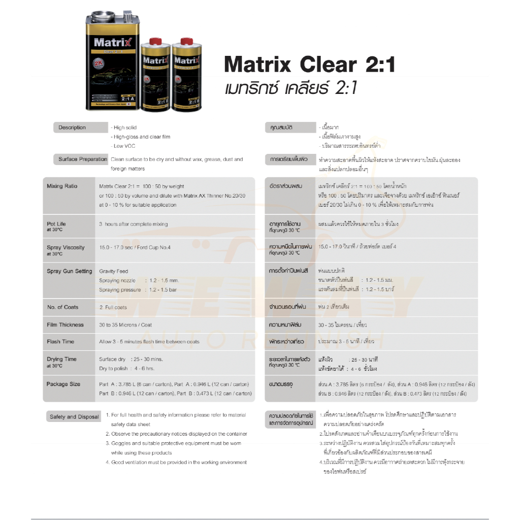 แลคเกอร์ TOA Matrix(เมทริกซ์) 2K 2:1 (เนื้อ 0.946 ลิตร + ฮาร์ด 0.473 ...