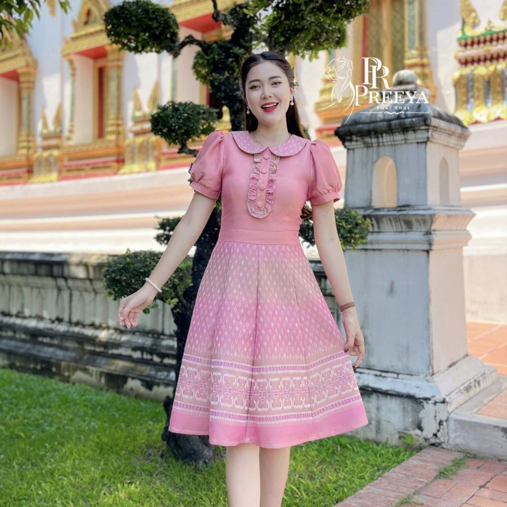 เดรสผ้าฝ้ายทอลาย Preeya PR114 อัดกาวทั้งชุด ไซส์ S-2XL สวยสง่าใส่สบาย มุมมองที่ 3