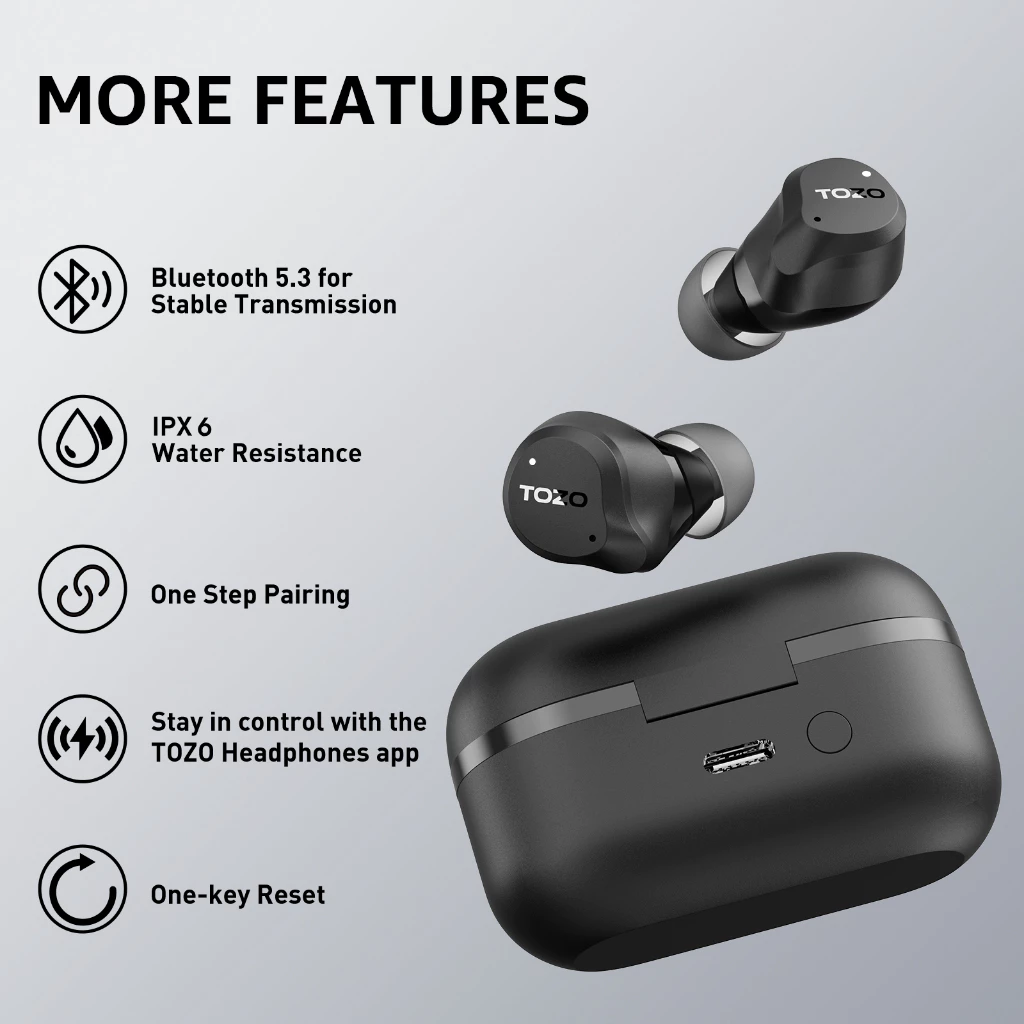 TOZO AeroSound หูฟังบลูทูธ หูฟังไร้สาย หูฟังอินเอีย แบตอึด Bluetooth 5.3 แบต 14 ชม/ชาร์จ IPX6 Game Mode