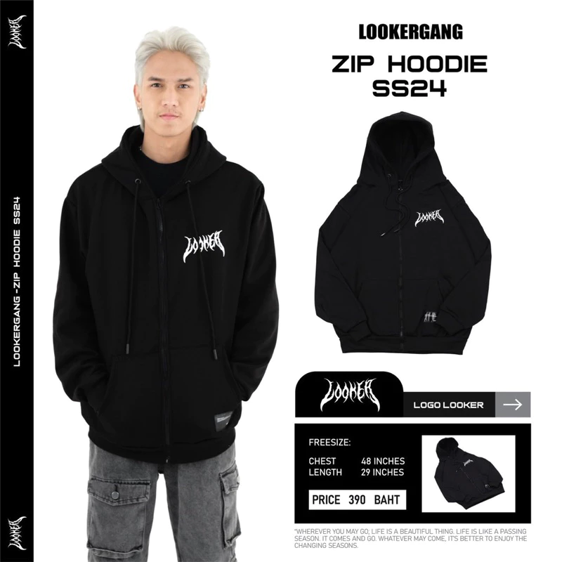 LOOKERGANG -Zip Hoodie ฮู้ดซิปสีดำ ฮูดแขนยาว https://wayoza.com