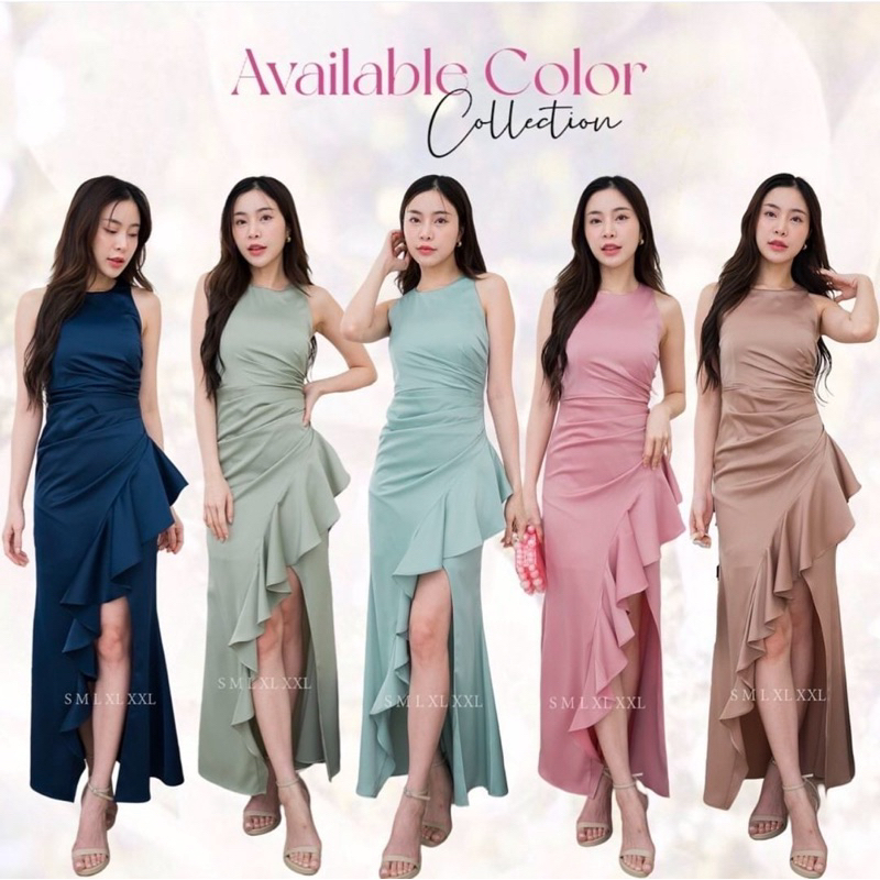 เดรสซาตินไปงานแต่ง ระบายสวยสะดุดตา ไซส์ S-XL พรีเมียม ราคา 790 บาท