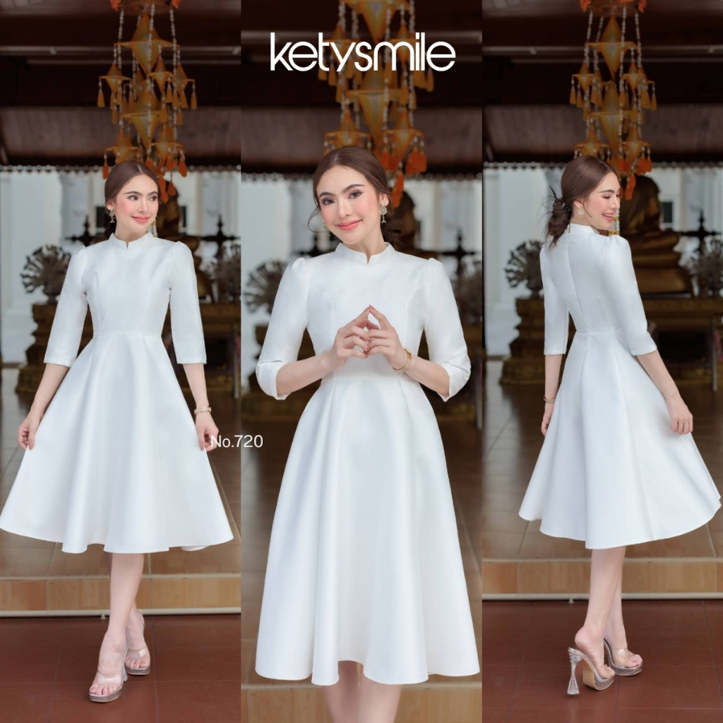 เดรสสีขาวงางานบุญ กระโปรงบานอัดกาว พรางพุง ทรงสวย S-5XL ซิปซ่อนหลัง มุมมองที่ 2