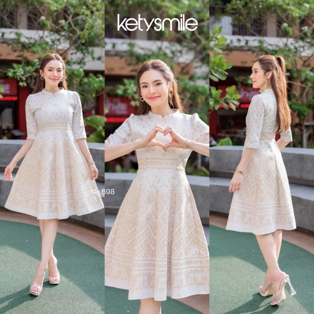 เดรสสีขาวงางานบุญ กระโปรงบานอัดกาว พรางพุง ทรงสวย S-5XL ซิปซ่อนหลัง มุมมองที่ 5