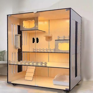 F&G วิลล่าแมว Cat Villa บ้านแมว กรงแมว ไม้เนื้อแข็ง  วิลล่าแมวขนาดใหญ แยกพื้นที่ส่วนตัว มีไฟLED มีประตูด้านข้าง