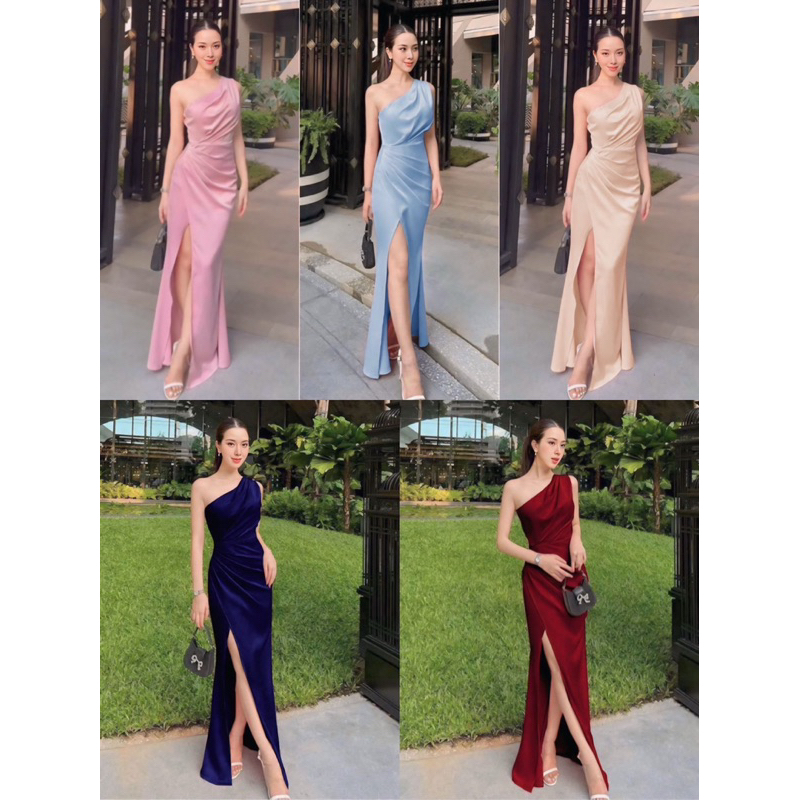 เดรสราตรีไหล่เดียวผ่าหน้า ผ้าซาตินเงา ทรงสวย พรางพุง 5 สี S/M/L