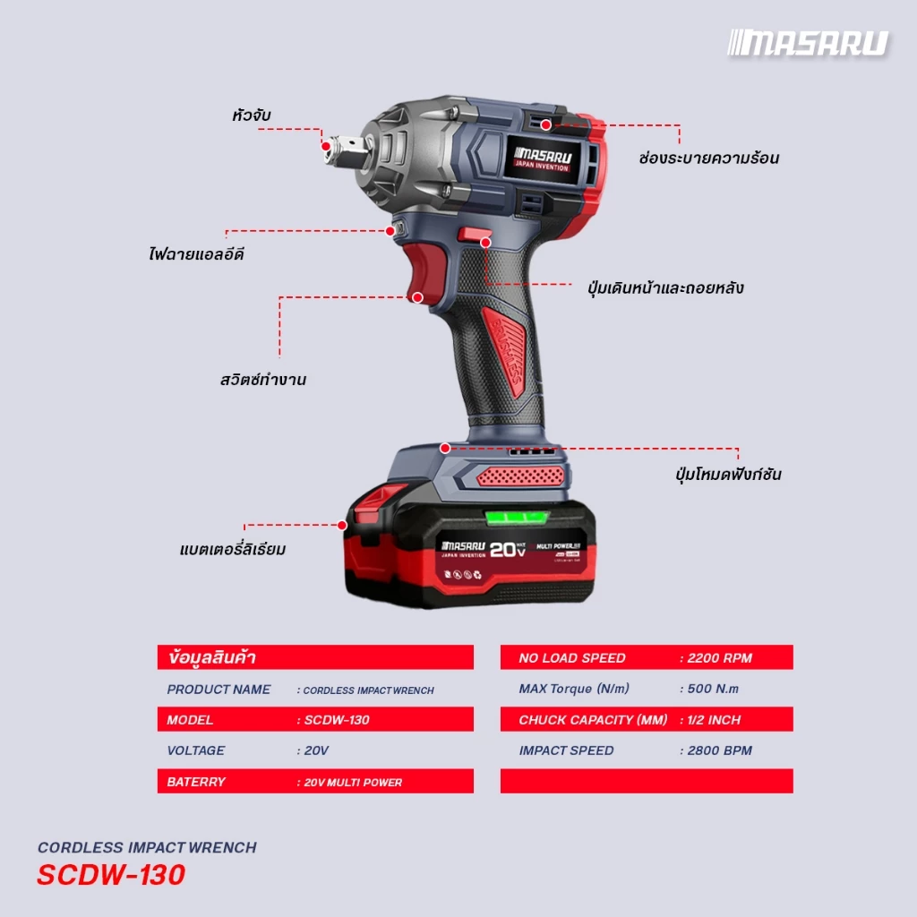 MASARU รุ่น SCDW-130 แรงบิด 500 N.m บล็อกไฟฟ้า ไร้สาย มีระบบ Auto Stop มอเตอร์บลัสเลส บล็อกแบต สว่าน บล็อคไร้สาย
