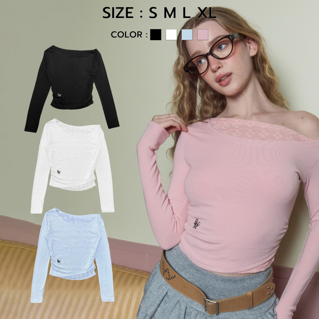 Bemingtop727(S-XL) - Cloud Lace เเขนยาว ปาดไหล่เล็กน้อย ดีเทลเลเยอร์ ...