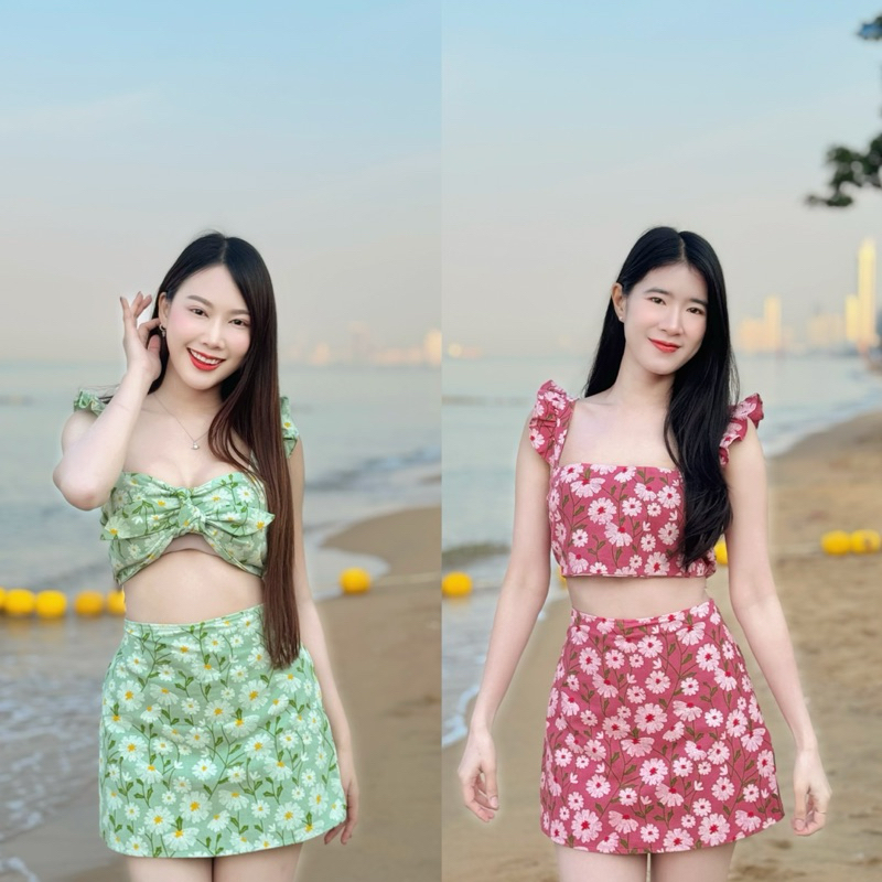 ชุดเซต เสื้อแขนกุดคอวีผูกหน้า กระโปรงยาว รุ่นBangsan