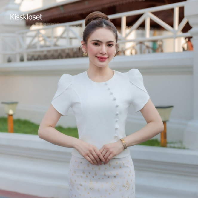 KS755 เซตทำบุญสุดหรู! เสื้อไหมญี่ปุ่นแขนกลีบบัว+กระโปรงลายเทียนหยด ไซส์ S-3XL มุมมองที่ 6