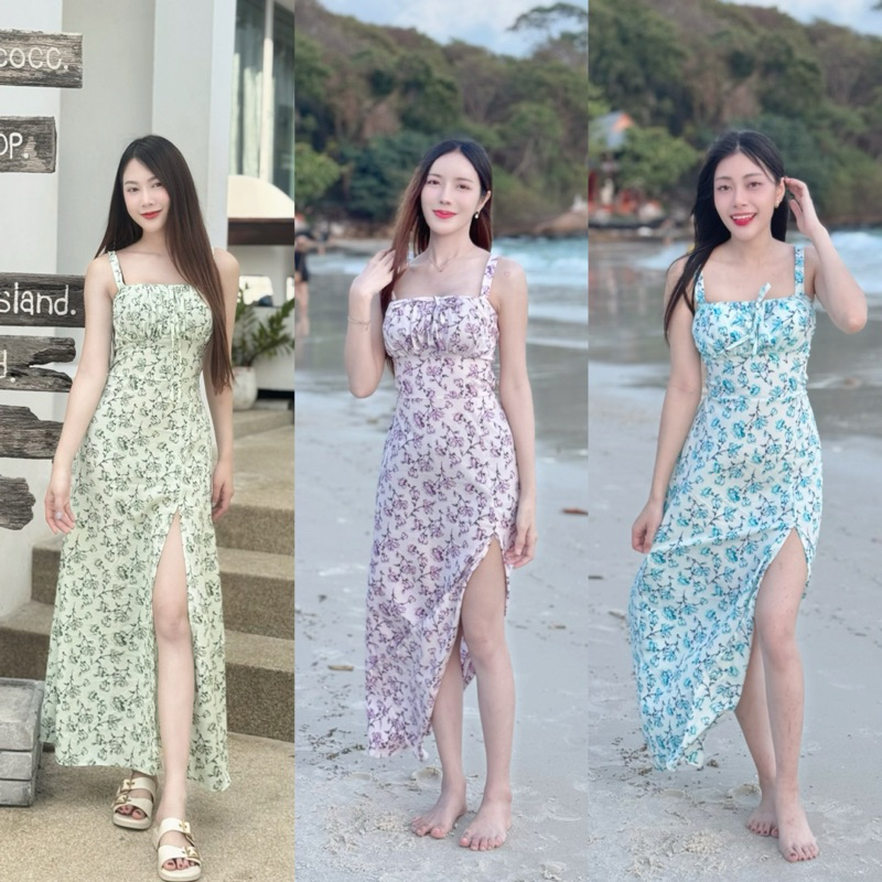 เดรสสายเดี่ยวผูกโบว์หน้า กระโปรงผ่าซ้าย(ลายดอกไม้)