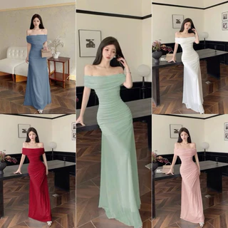 𝐌𝐀𝐘𝐔 พร้อมส่ง👑✨ เดรสยาวปาดไหล่เรียบหรูดูไฮมีซับในทั้งตัว(มีให้เลือก5สี)