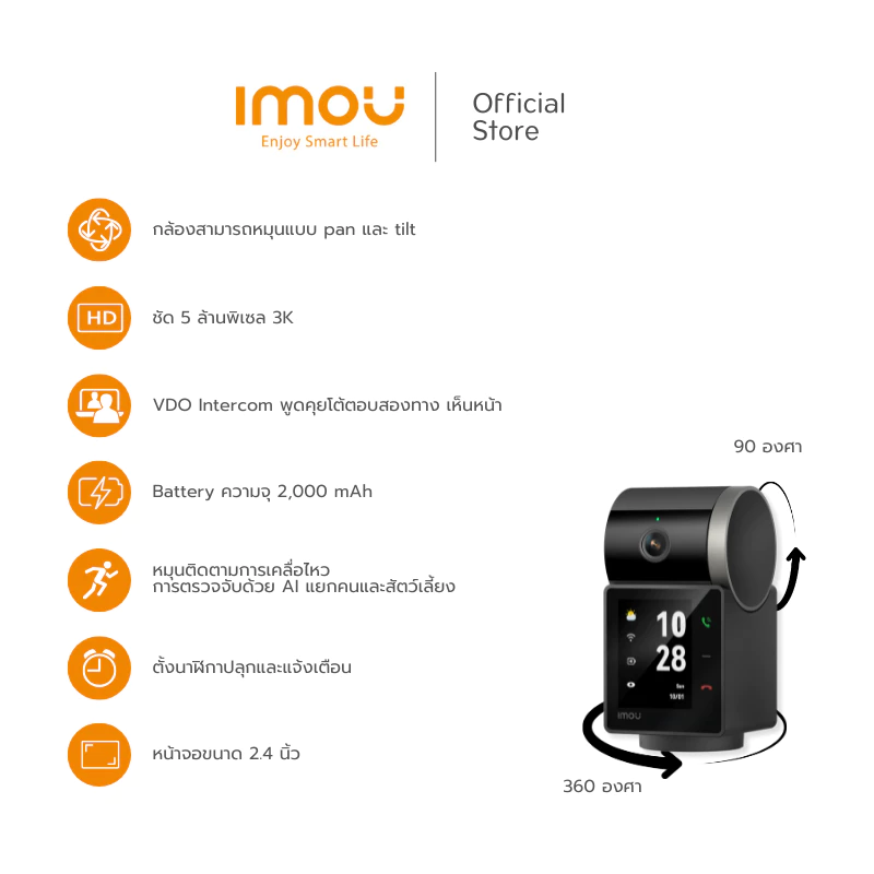 IMOU รุ่น REX VT PRO กล้องวงจรปิด WIFI ภายใน intercom มีแบตในตัว ความคมชัด 5MP แบต 2000 mAh ประกัน 2 ปี