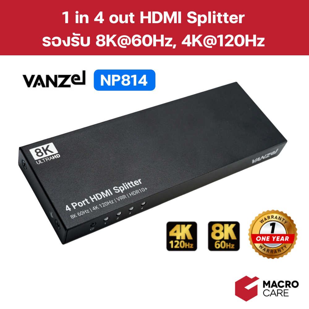 VANZEL 4 Port HDMI splitter กระจายสัญญาณ 1 HDMI ออก 4 จอ ความละเอียด ...