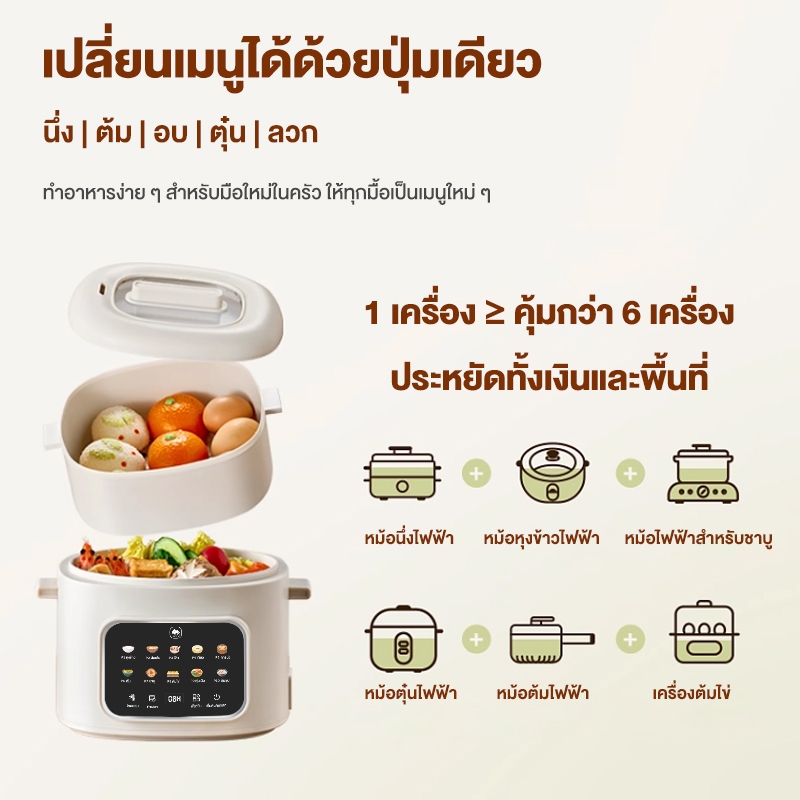 CAMEL หม้อไฟฟ้า 1.6L หม้อหุงข้าวอเนกประสงค์ ไม่ติดหม้อ 300W โหมดทำอาหาร 10 ฟังก์ชัน