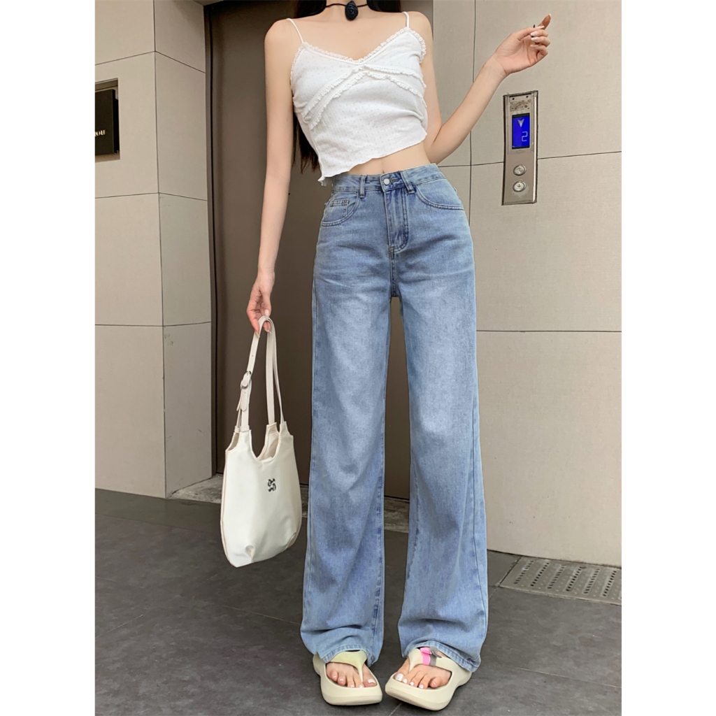 กางเกงยีนส์ กางเกงกระบอก เอวสูง ผ้ายืดได้ งานปักลายโบว์ #1501218 - 2