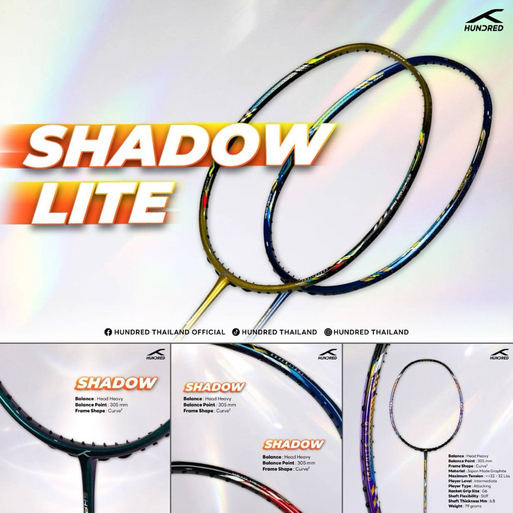 HUNDRED ไม้แบดมินตันรุ่น SHADOW LITE แถมเอ็น พันด้าม ซอง ประกัน 6 เดือน ...