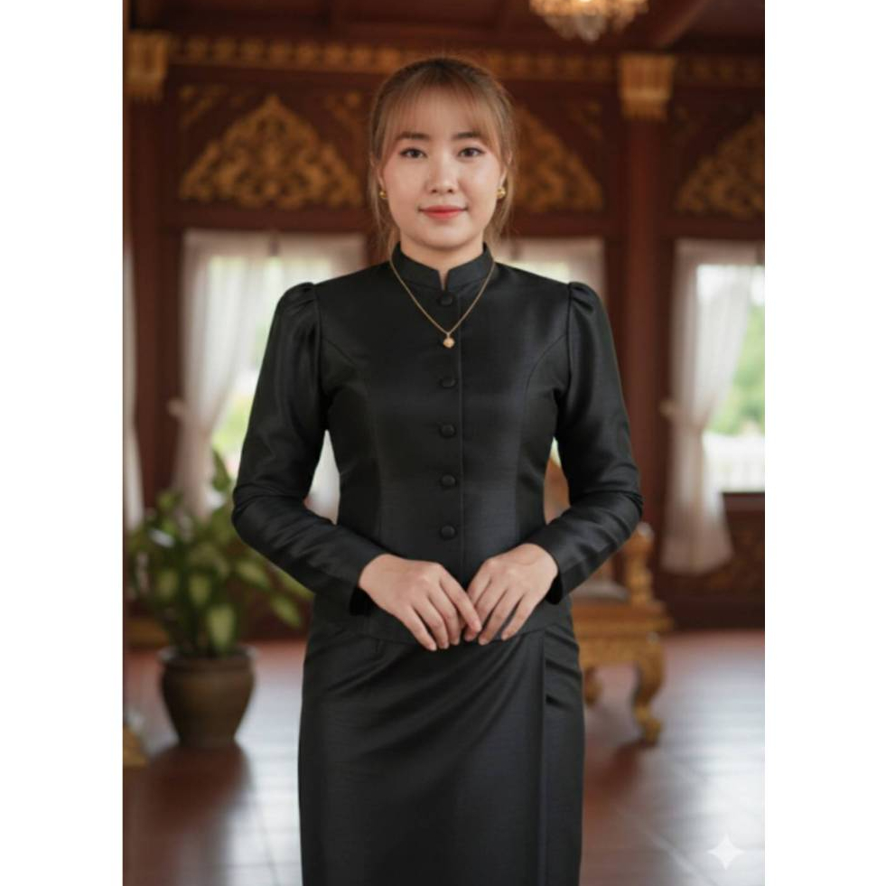 ชุดไทยจิตรลดาสีดำคอจีน ผ้าไหมสี่เส้น เรียบหรู ใส่ชดพระราชทานเพลิงศพ มุมมองที่ 5