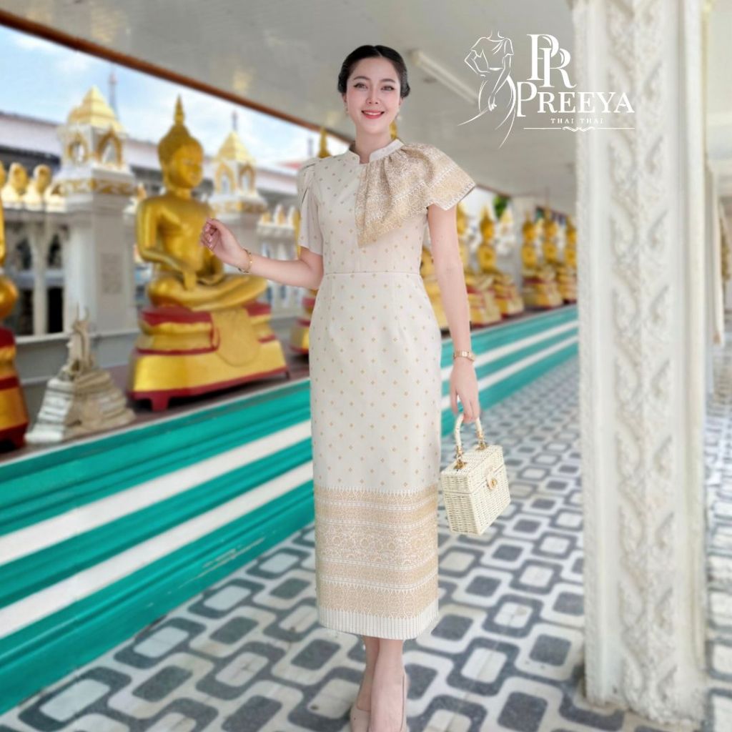 เดรสผ้าฝ้ายทอลายพลอยพรรณ อัดกาวทั้งชุด ชุดไทย Preeya PR156 ทรงสวยเข้ารูป ไซส์S-2XL มุมมองที่ 6