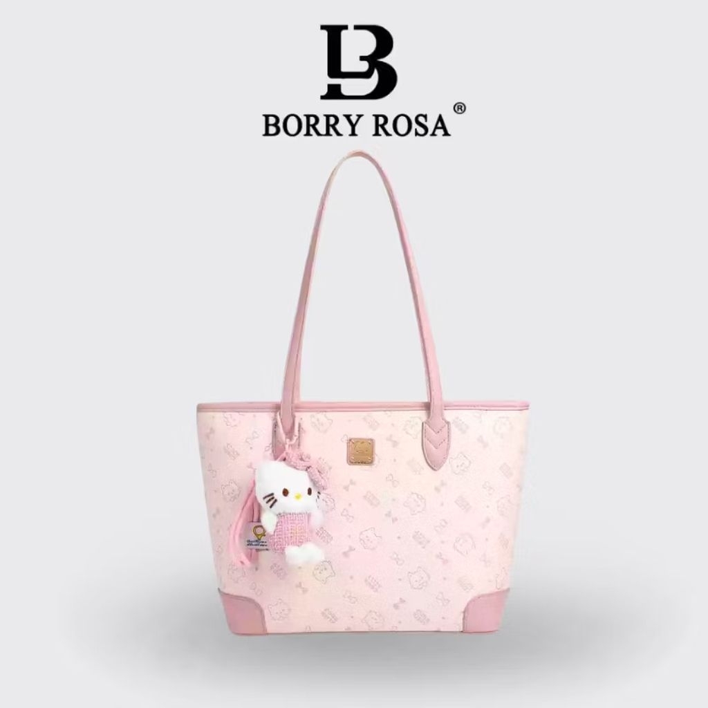 BORRY ROSA-กระเป๋าสะพายไหล่ กระเป๋าถือสตรีหนัง PU ลายคิตตี้สีชมพูอ่อน ...