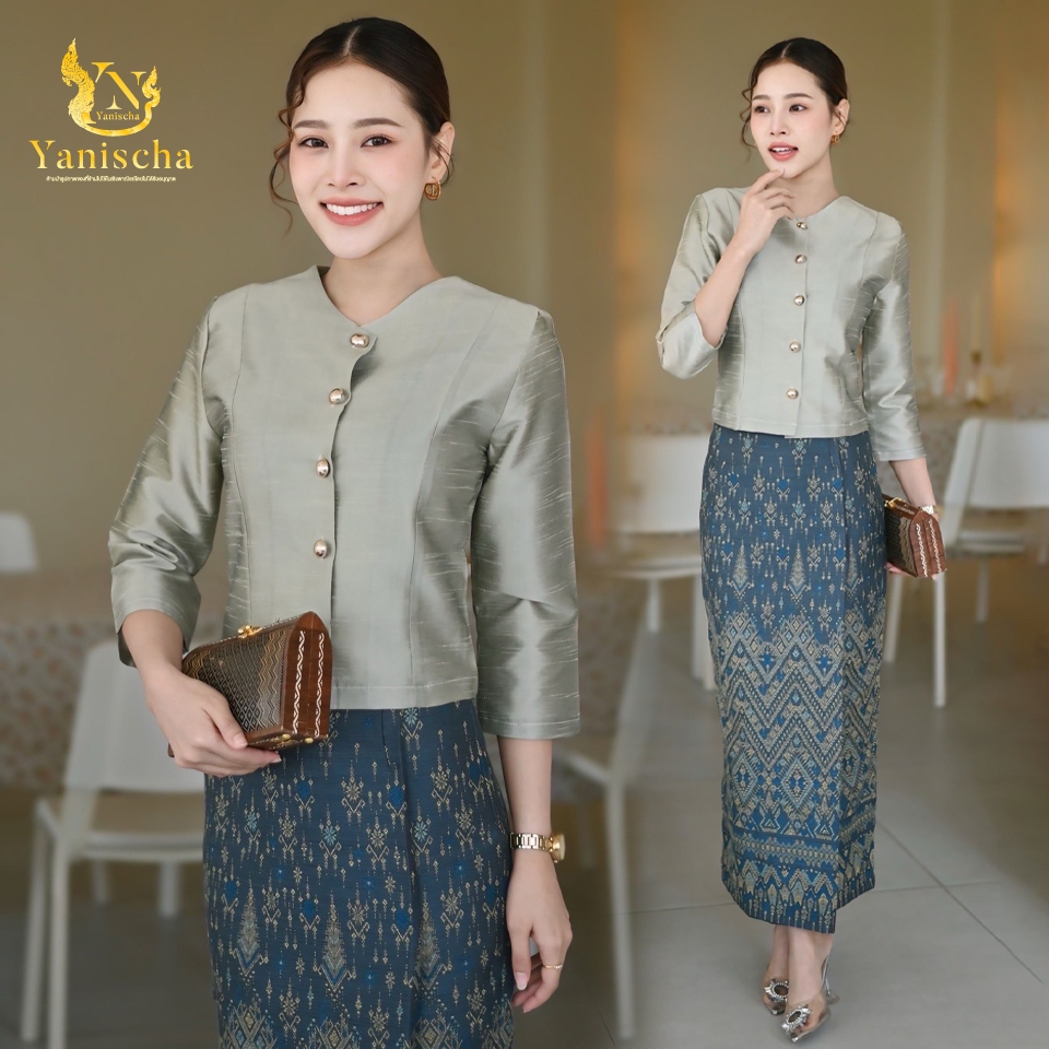 ✨ ชุดผ้าไหมทรงเรือนต้น กระดุมทอง เนื้อดี ดูแพง พร้อมส่ง! (XS-5XL)