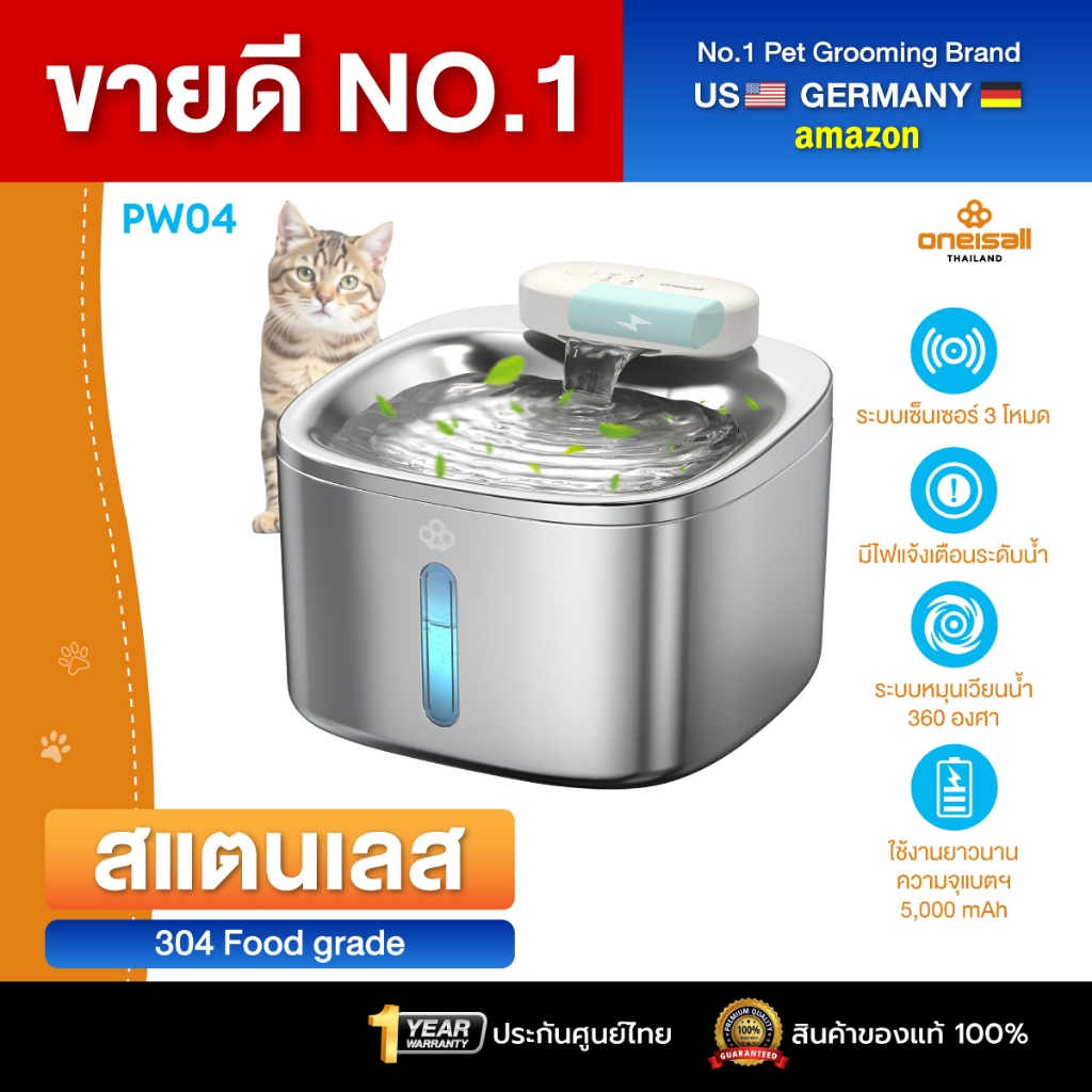 Oneisall น้ำพุแมวไร้สาย 3.5L ประกันศูนย์ไทย