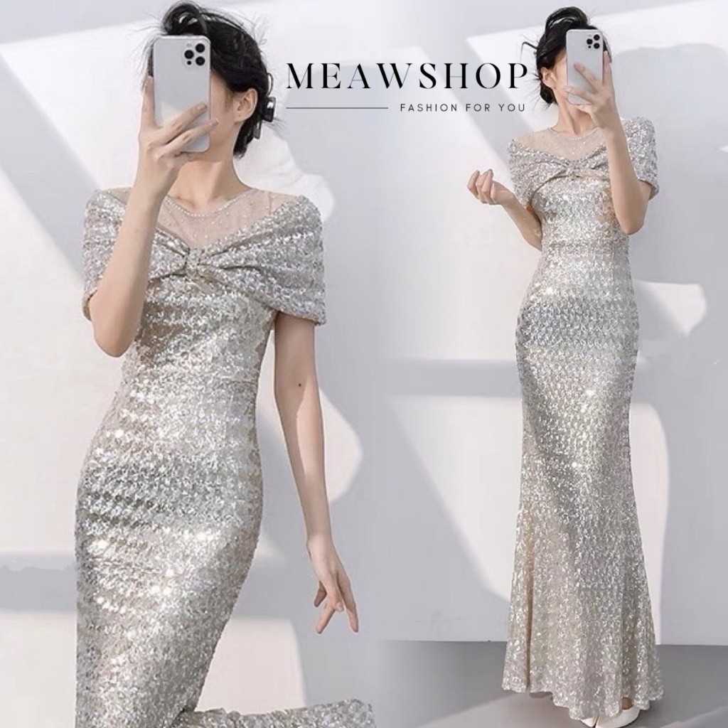 ชุดราตรียาวปักเลื่อม M-4XL สาวอวบใส่ได้ เนื้อผ้าดีไม่คัน สีเงิน/โรสโกลด์ มุมมองที่ 4