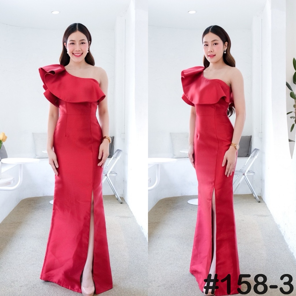ราตรียาวระบายจีบ One Shoulder เดรสเพื่อนเจ้าสาว 7 สีหรู เนื้อผ้าเงาสวย ทรงหางปลา มุมมองที่ 6