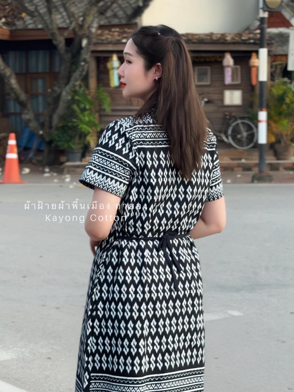 เดรสลายขอพระราชทาน ผ้าฝ้าย ทรงเอไซส์ฟรี ใส่ได้ทุกไซส์ พรางพุงสวย มุมมองที่ 6