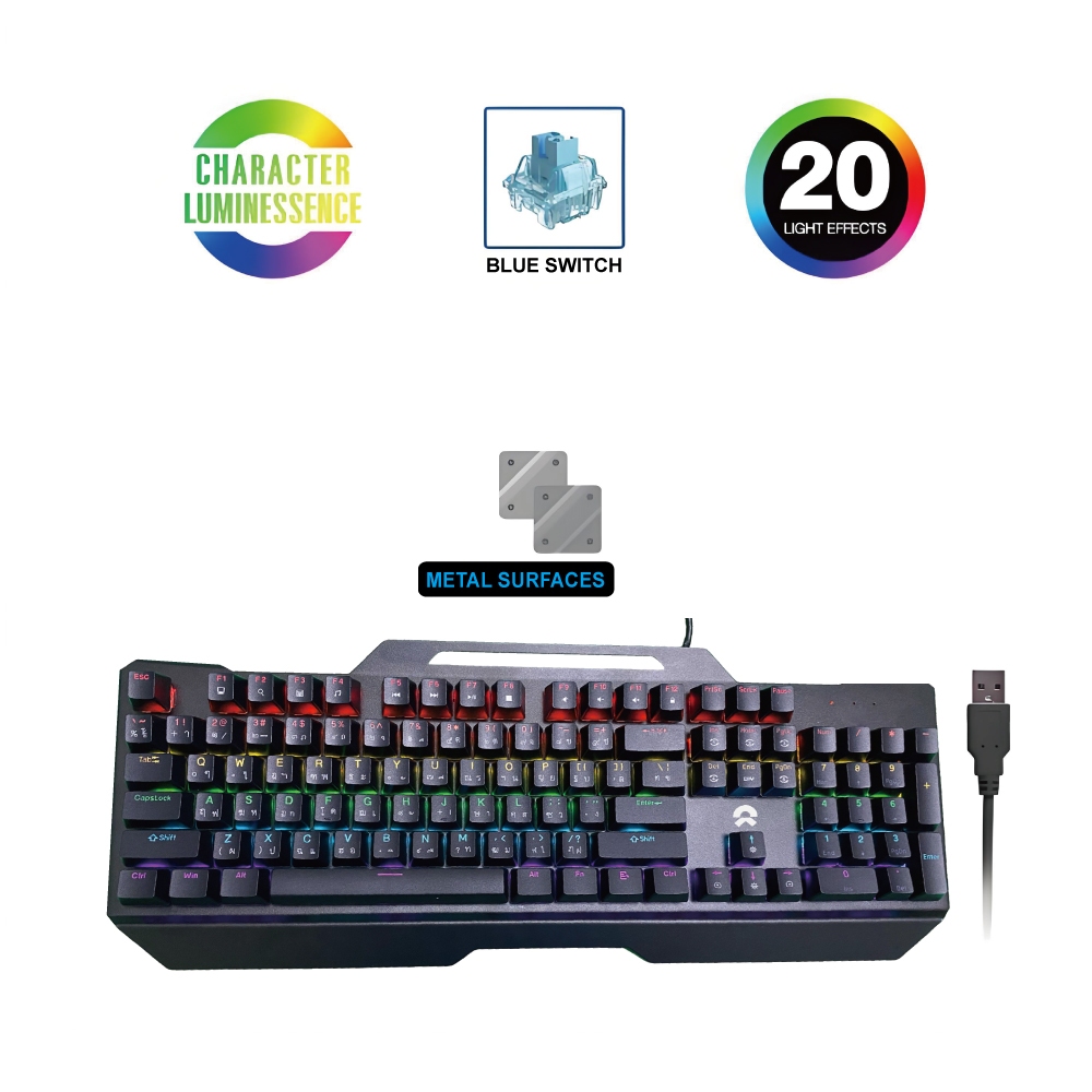 Oker Mechanical คีย์บอร์ดเกมมิ่งไฟเรืองแสง รุ่น K527 (blue switch) แถม Mouse Pad  MP9050 (สีชมพู)