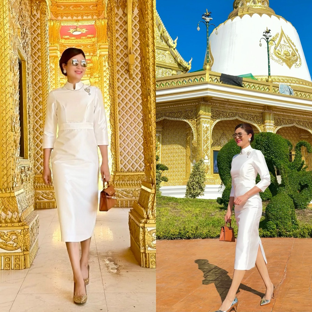 เดรสไทยจิตรดาผ้าไหมอิตาลี สีขาวอัดกาว ผ่าหลัง งานบุญ-กฐิน ใส่สบายไม่ร้อน