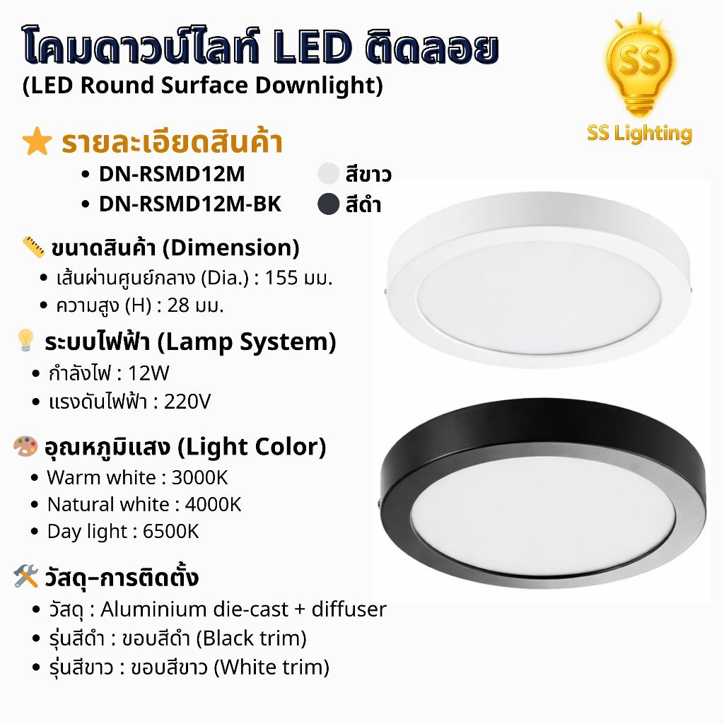 SS Lighting โคมดาวน์ไลท์ LED แบบติดลอย ทรงกลม 12W รุ่น DN-RSMD12M โคมไฟ ...