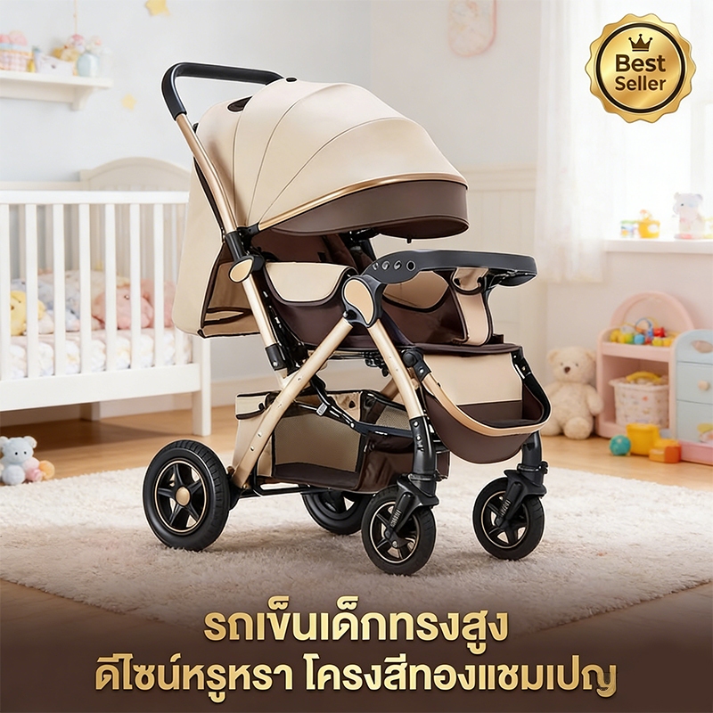 Beige รถเข็นเด็ก ล้อมีเบรค พกพาสะดวก พับได้ สายรัดแบบ 5 จุด เข็นหน้า-หลังได้ รถเข็นเด็กทารก