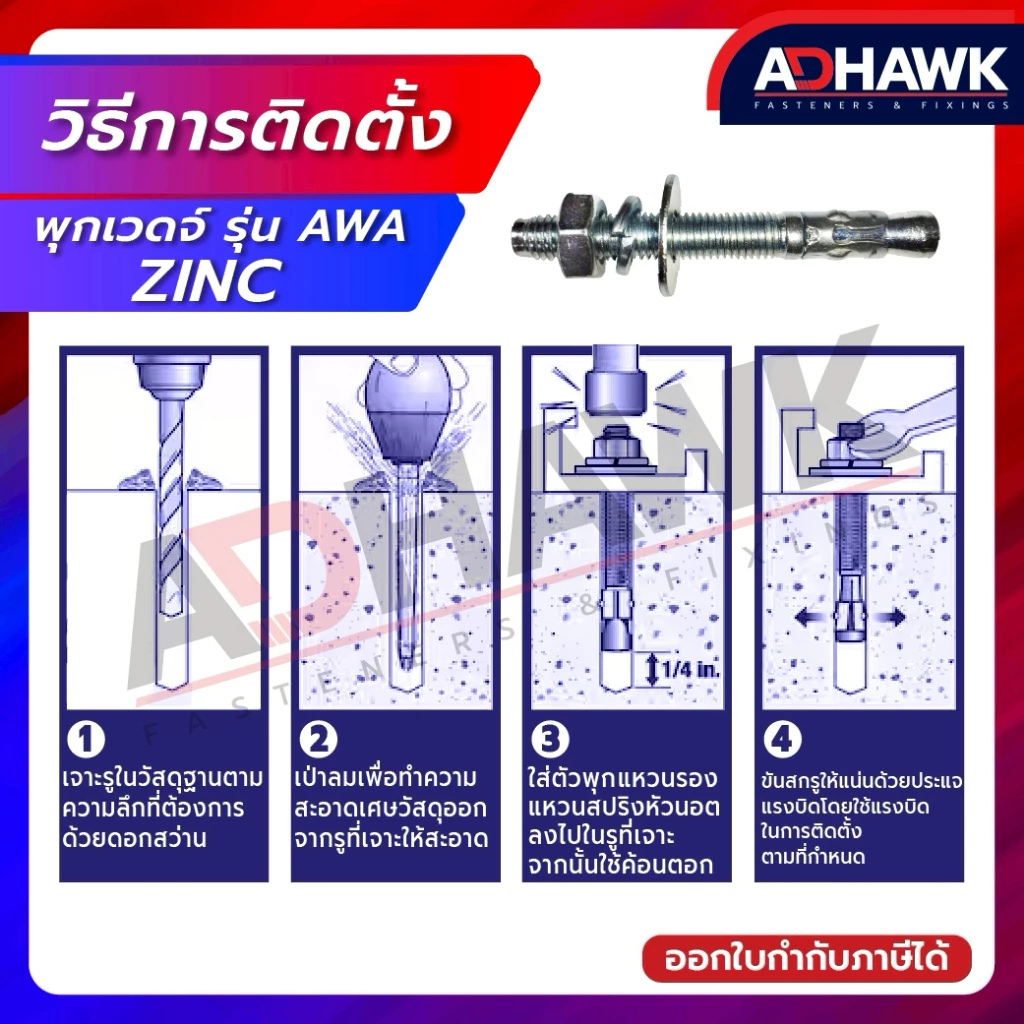พุกเวดจ์ รุ่น AWA ชุบซิงค์ มีแหวนสปริง และแหวนรองใหญ่ ชุบซิงค์หนาพิเศษ ...