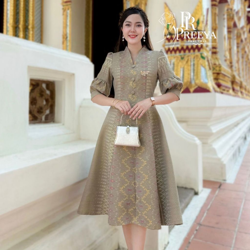 เดรสผ้าฝ้ายทอลพบุรี อัดกาวเนี๊ยบ สีธรรมชาติ พรางพุง ใส่สบายทุกวัน Preeya PR173 มุมมองที่ 5