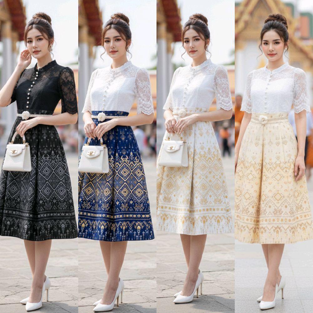 ชุดเดรสไทยประยุกต์ P121 ผ้าบาร์บี้ลายไทย คอจีนลูกไม้ ซับใน ฟรีไซส์ ใส่ทำบุญ