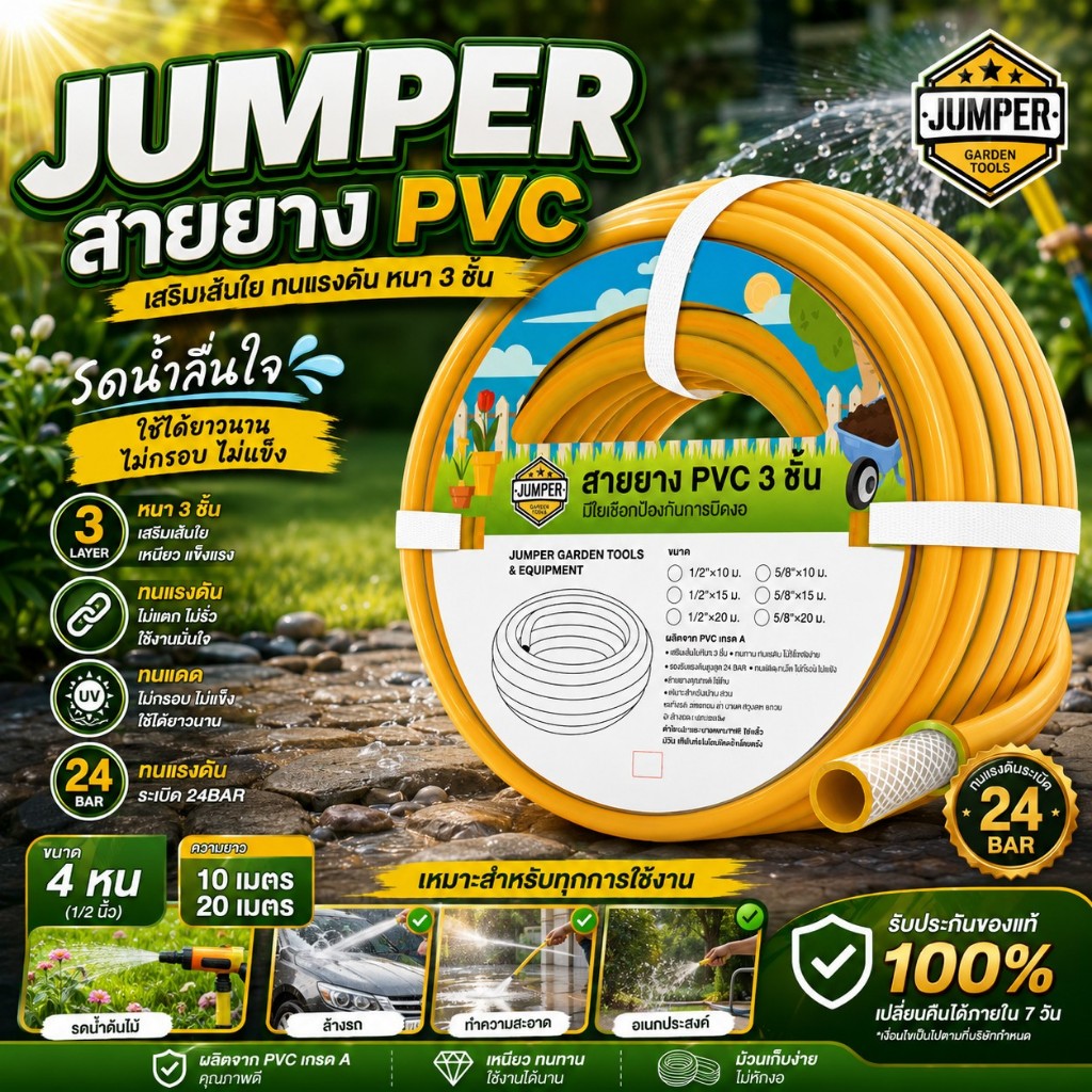 Jumper สายยาง PVC เสริมเส้นใย ทนแรงดัน หนา 3 ชั้น ขนาด 4 หุน ยาว 10/20 ...