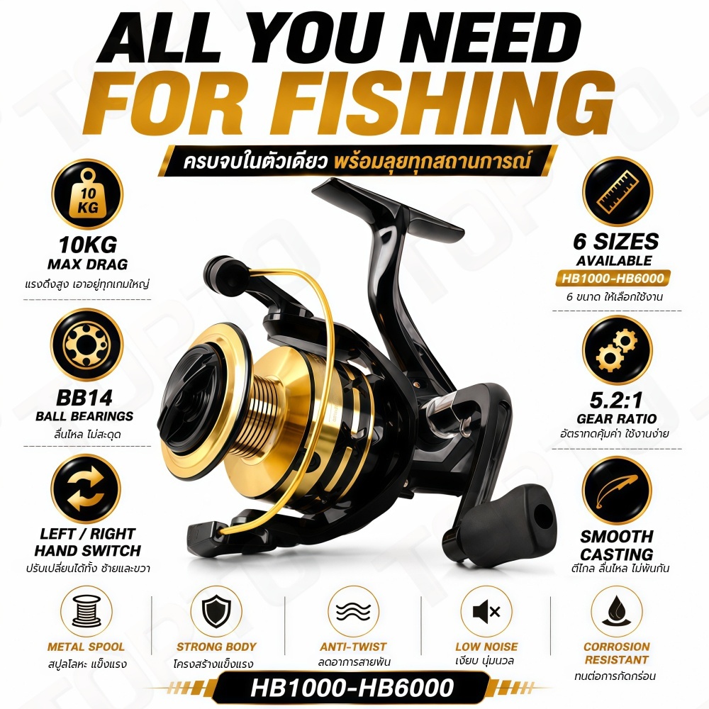 รอกตกปลา รอกสปินนิ่ง HB1000-6000 ระบบลูกปืนคู่ Double Bearing กันหัว ...