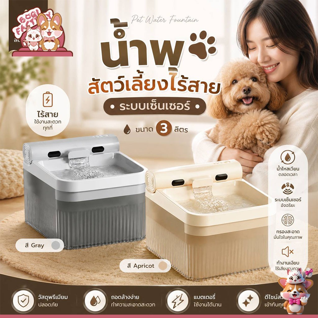 Boqi Factory น้ำพุแมวไร้สาย 3L มีแบตเตอรี่
