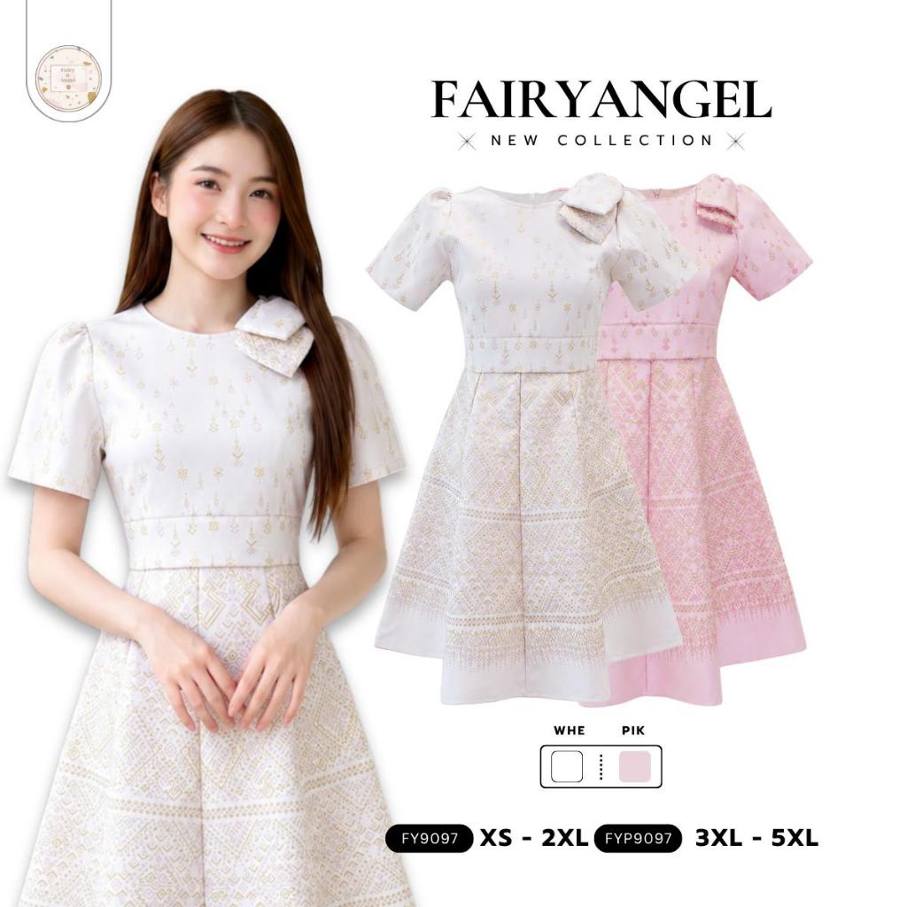 เดรสผ้าไทยทรงบานคอกลม FY9097 สีชมพู-ขาว ไซส์ S-5XL พร้อมส่ง Fairyangelstore