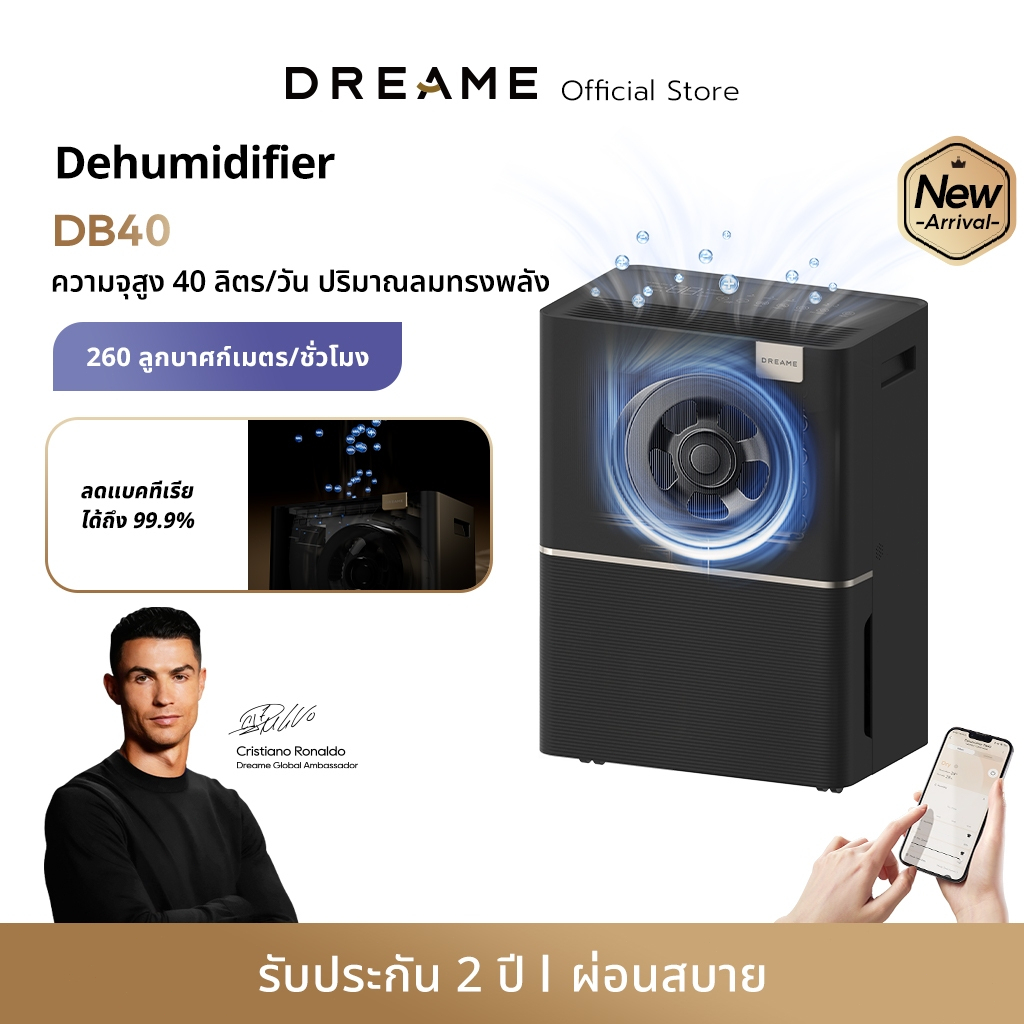 Dreame DB40 Dual-Inverter เครื่องลดความชื้น 40L/วัน ครอบคลุม 80ตร.ม. เสียงเบา ประหยัดไฟ ควบคุมผ่านแอป